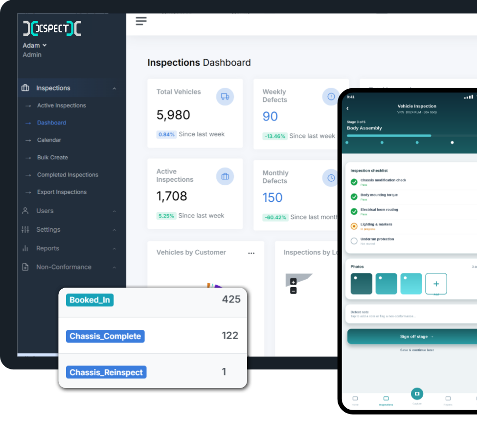 Xspect inspections dashboard across desktop, tablet and mobile